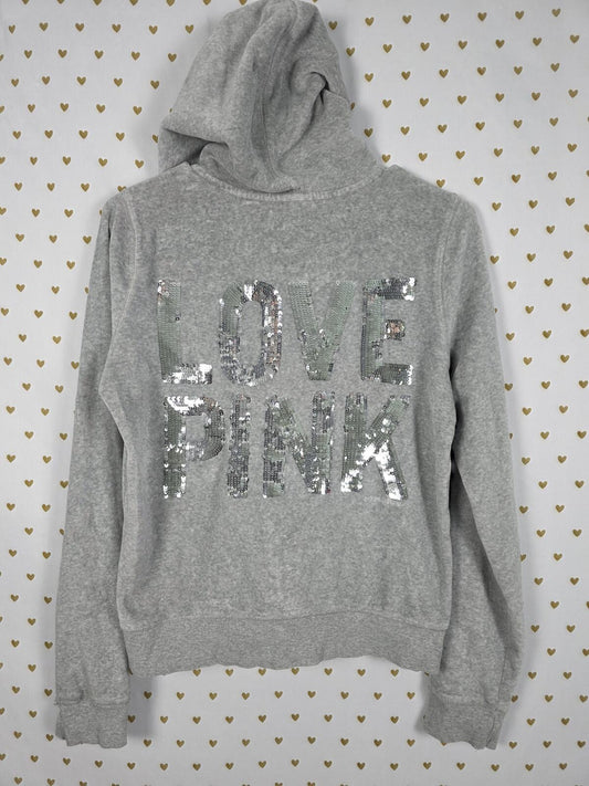 Victorias Secret Pink medium Grey VELOUR Bling LOVE Sequined Full Zip Jacket