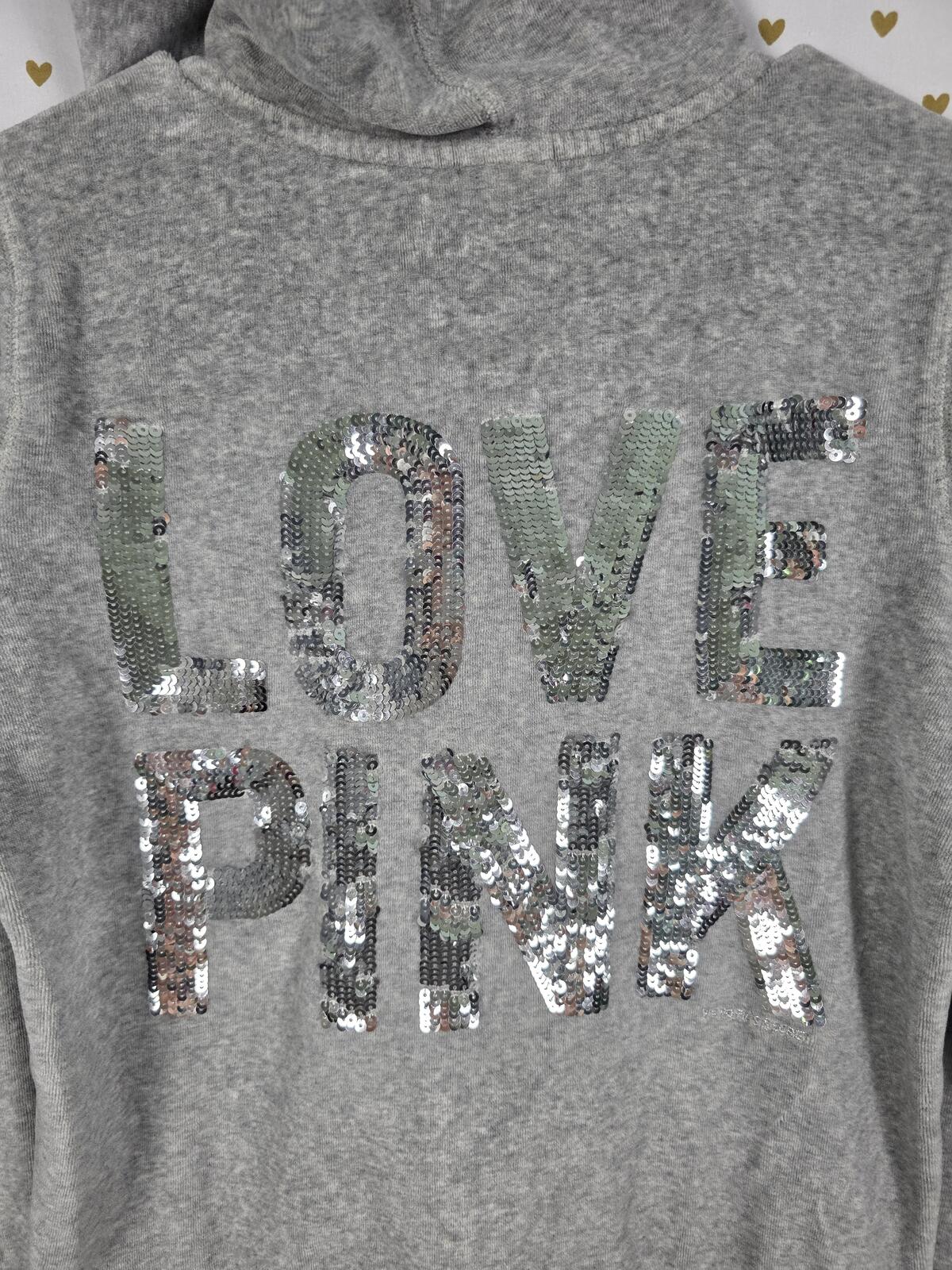 Victorias Secret Pink medium Grey VELOUR Bling LOVE Sequined Full Zip Jacket
