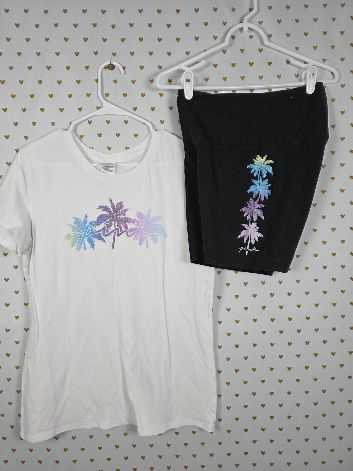 Victorias Secret Pink BLING PALM TREE SHINE TEE SHIRT Shorts SET GLITTER L MED