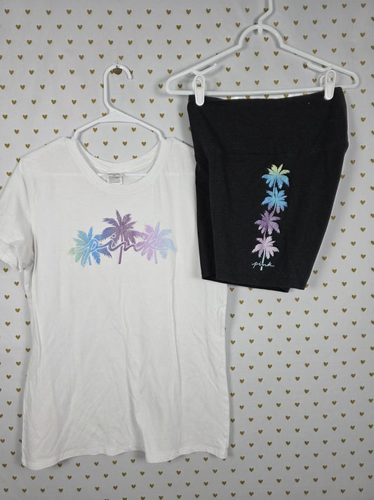 Victorias Secret Pink BLING PALM TREE SHINE TEE SHIRT Shorts SET GLITTER L MED