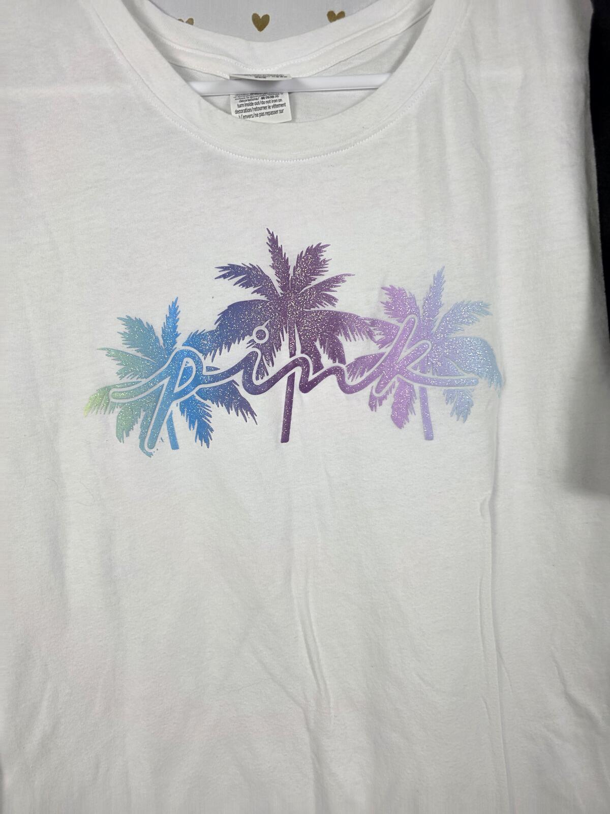 Victorias Secret Pink BLING PALM TREE SHINE TEE SHIRT Shorts SET GLITTER L MED