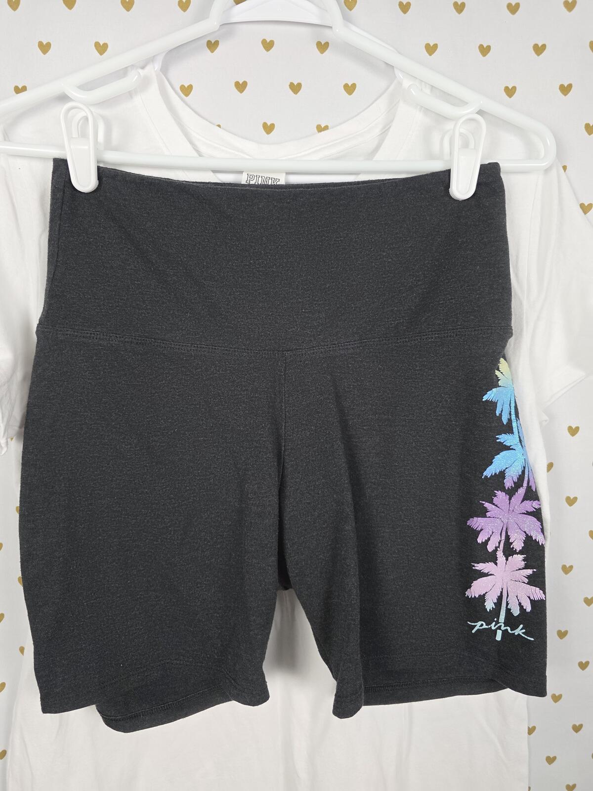Victorias Secret Pink BLING PALM TREE SHINE TEE SHIRT Shorts SET GLITTER L MED
