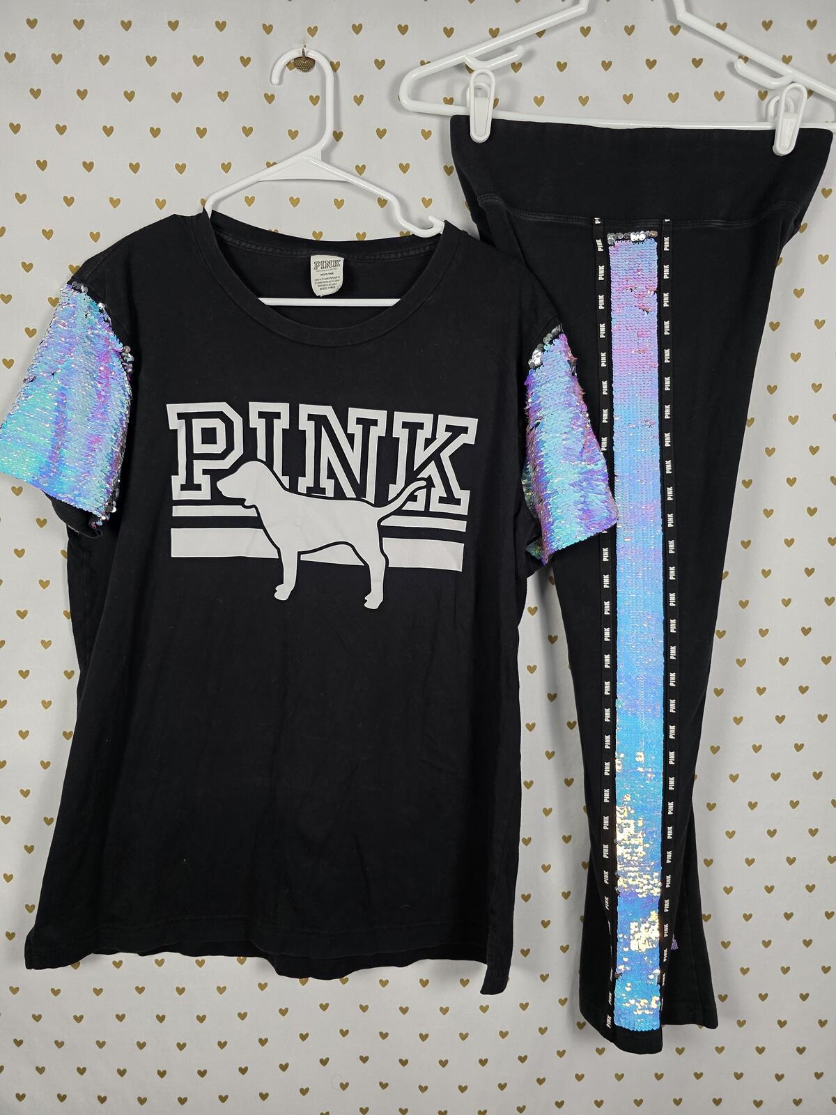 Victorias Secret PINK MERMAID Flip Bling Sequined SET S M Tee Yoga Pants HTF