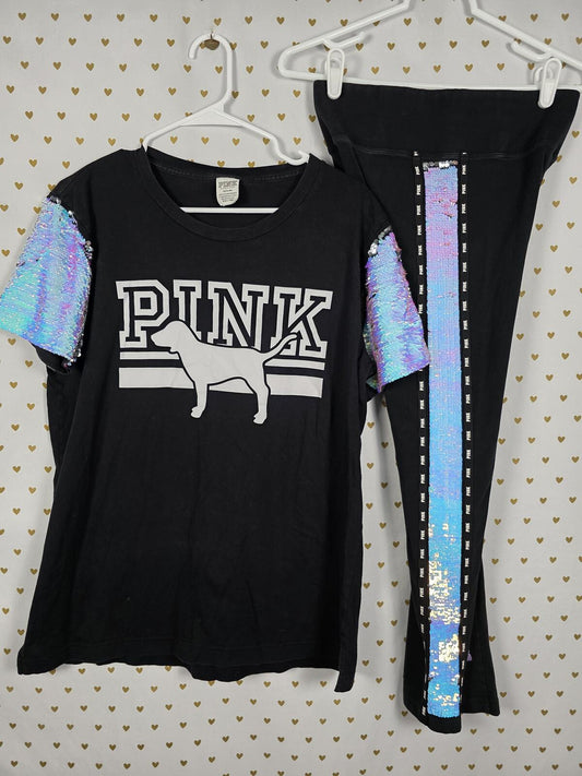 Victorias Secret PINK MERMAID Flip Bling Sequined SET S M Tee Yoga Pants HTF