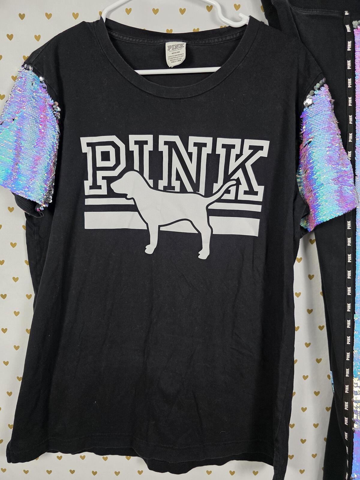 Victorias Secret PINK MERMAID Flip Bling Sequined SET S M Tee Yoga Pants HTF