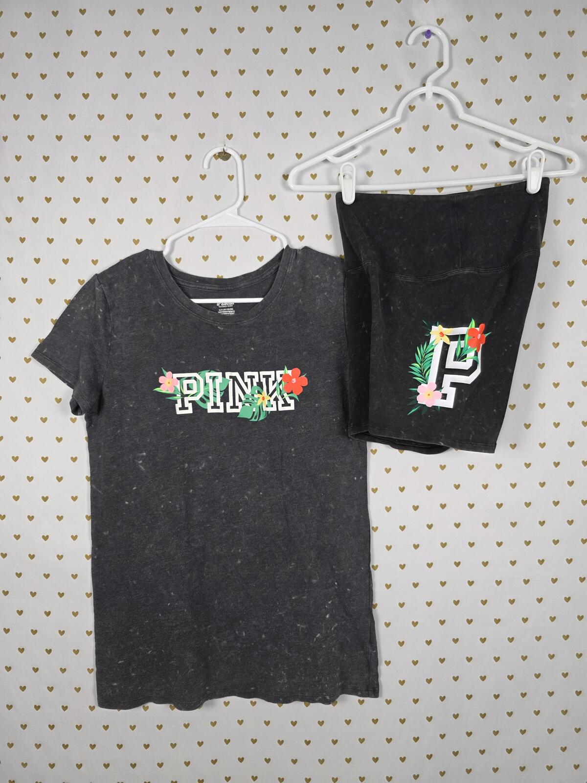 Victorias Secret PINK Vintage Hawaiian Logo Tee Shirt Bike Shorts SET XS SMALL