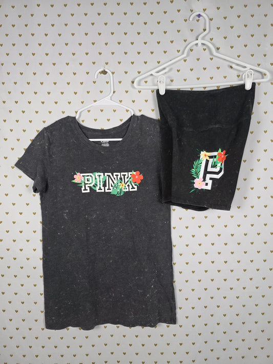 Victorias Secret PINK Vintage Hawaiian Logo Tee Shirt Bike Shorts SET XS SMALL
