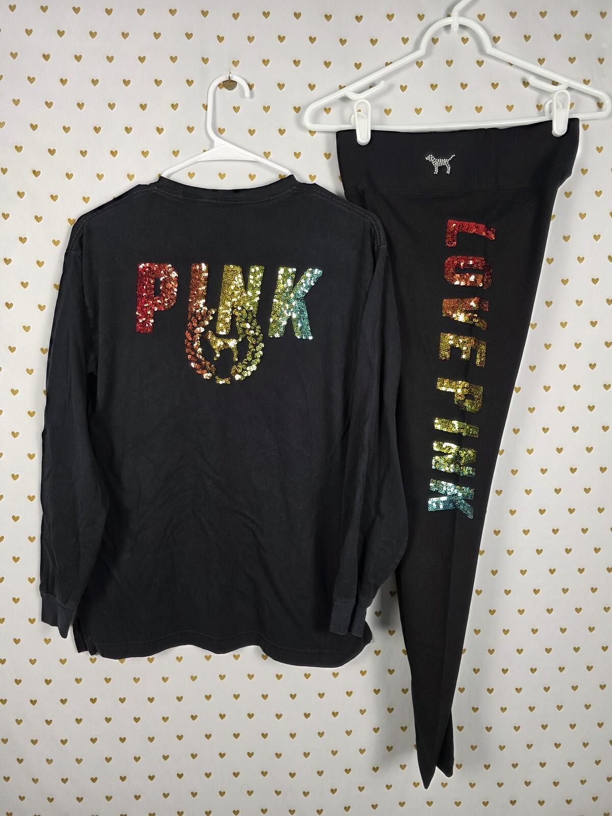 Victorias Secret PINK RAINBOW BLING sequined NEW Leggings Yoga Pants Tee SET