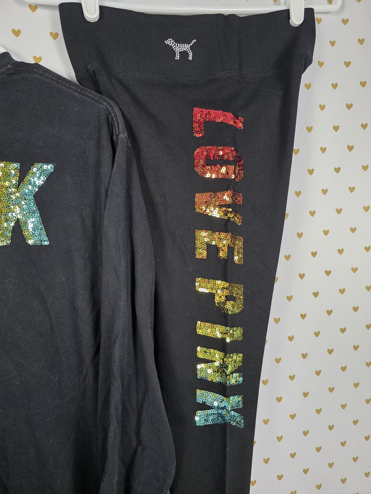 Victorias Secret PINK RAINBOW BLING sequined NEW Leggings Yoga Pants Tee SET