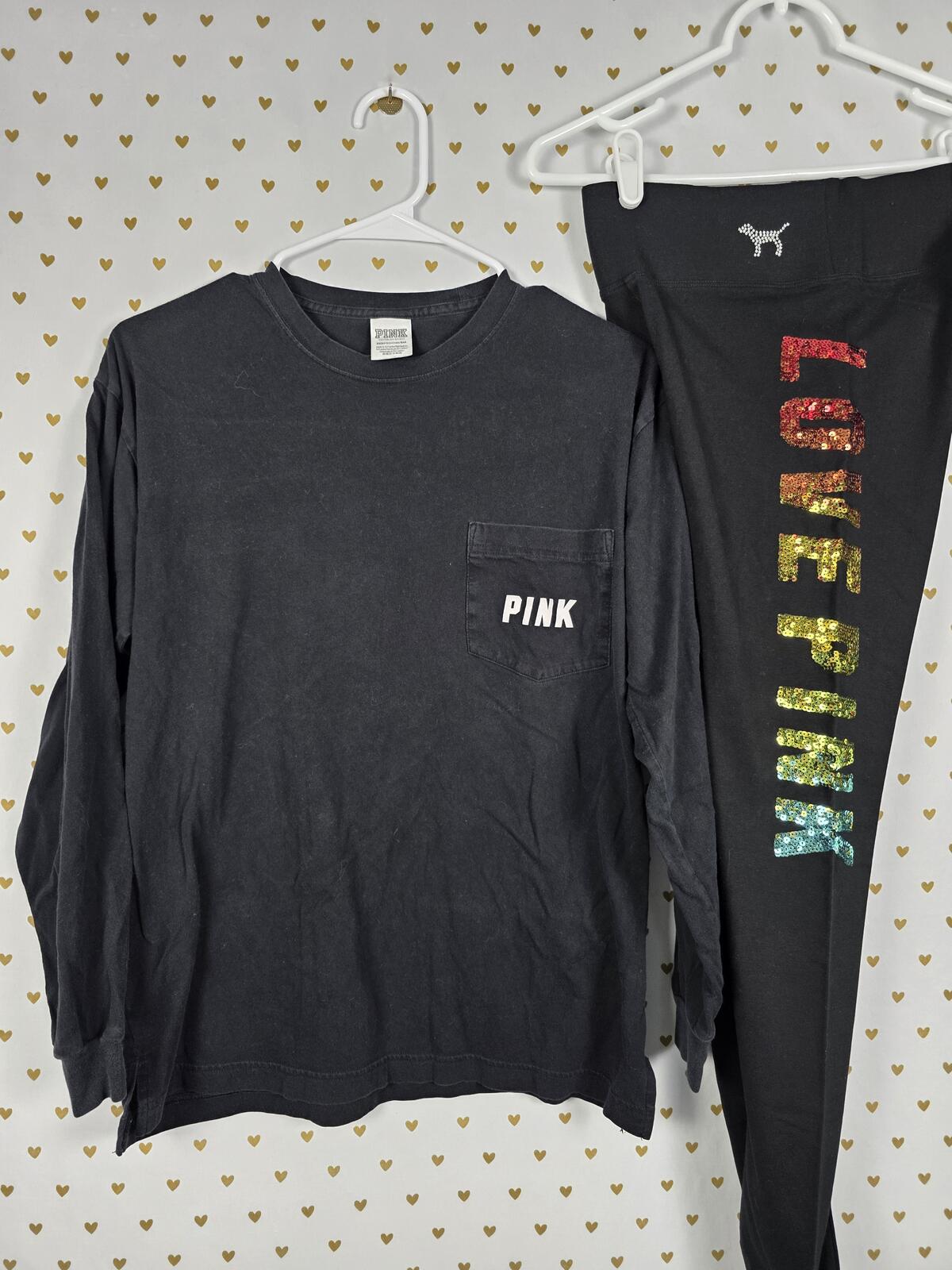Victorias Secret PINK RAINBOW BLING sequined NEW Leggings Yoga Pants Tee SET