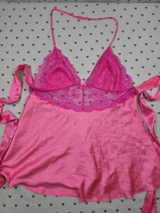 Victorias Secret Pink Satin Tie Back Halter Nightie Lingerie Slip Dress LARGE