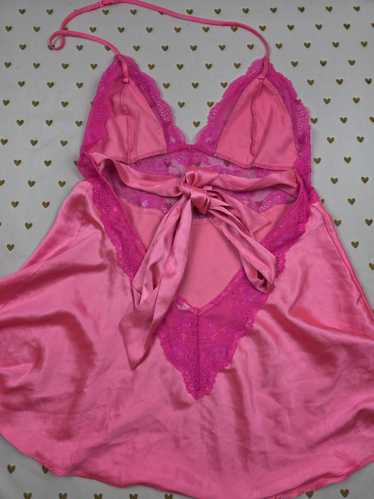 Victorias Secret Pink Satin Tie Back Halter Nightie Lingerie Slip Dress LARGE