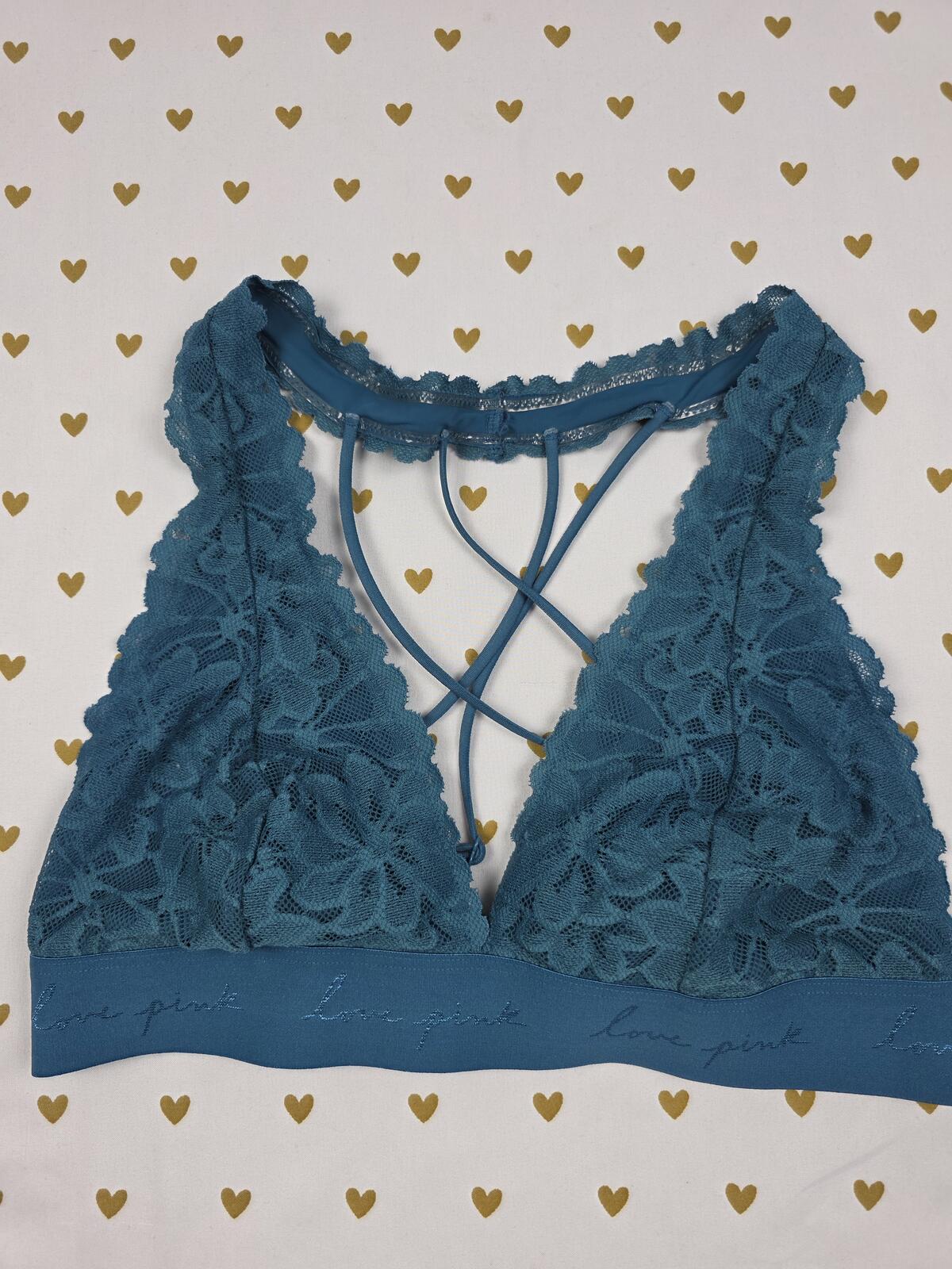 Victorias Secret Pink Strappy Lace Halter Caged MEDIUM Bralette Bra Top Tank