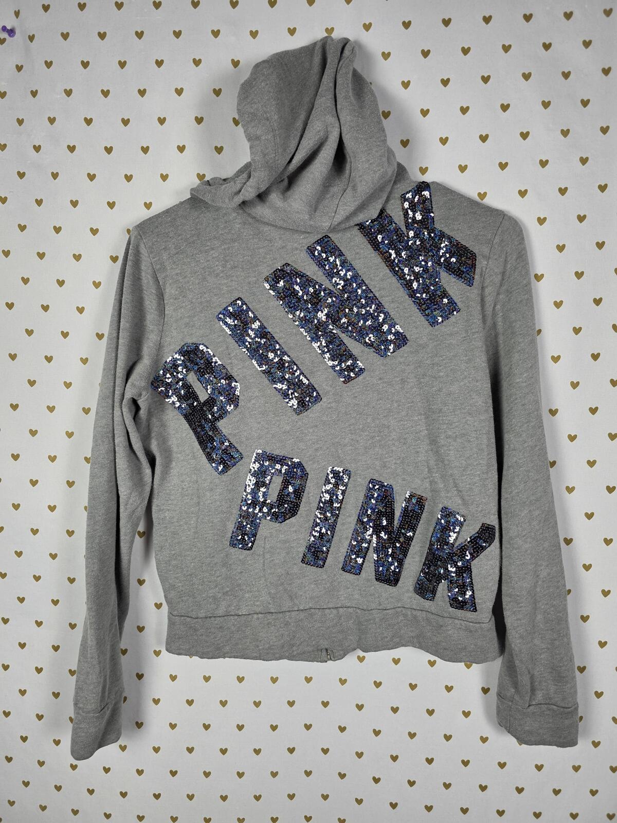Victorias Secret Pink BLING Logo Hoodie Jacket Full Zip SMALL Grey
