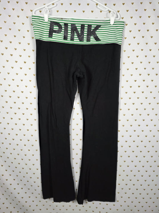 Victorias Secret PINK Green Stripe Glitter Bling FOLDOVER YOGA PANTS Flared XL