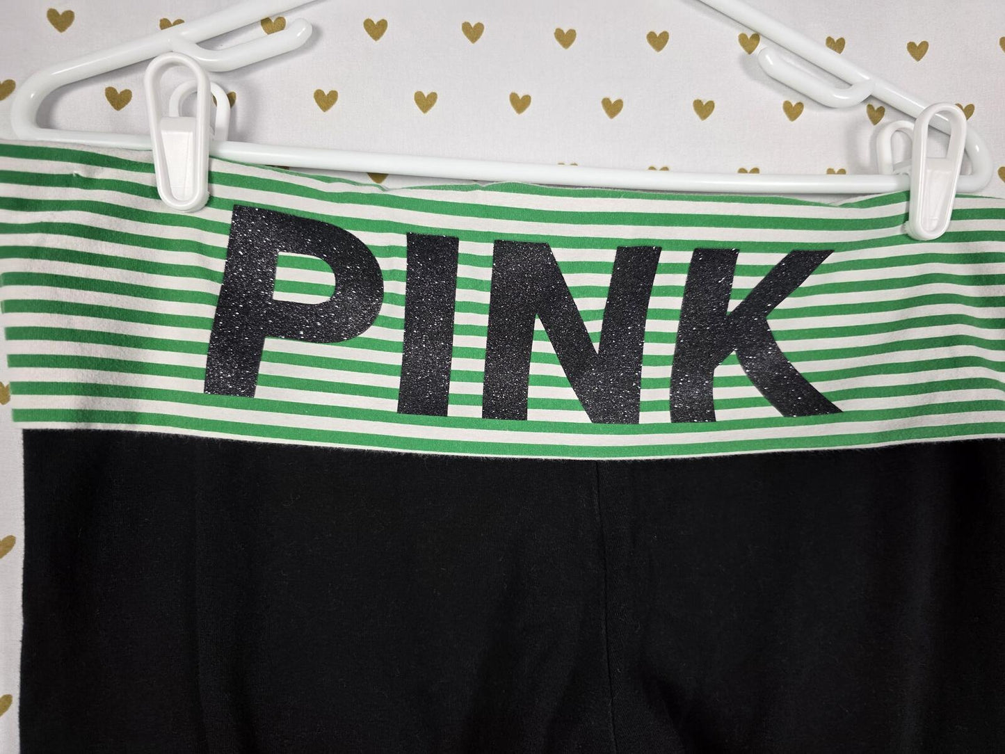 Victorias Secret PINK Green Stripe Glitter Bling FOLDOVER YOGA PANTS Flared XL