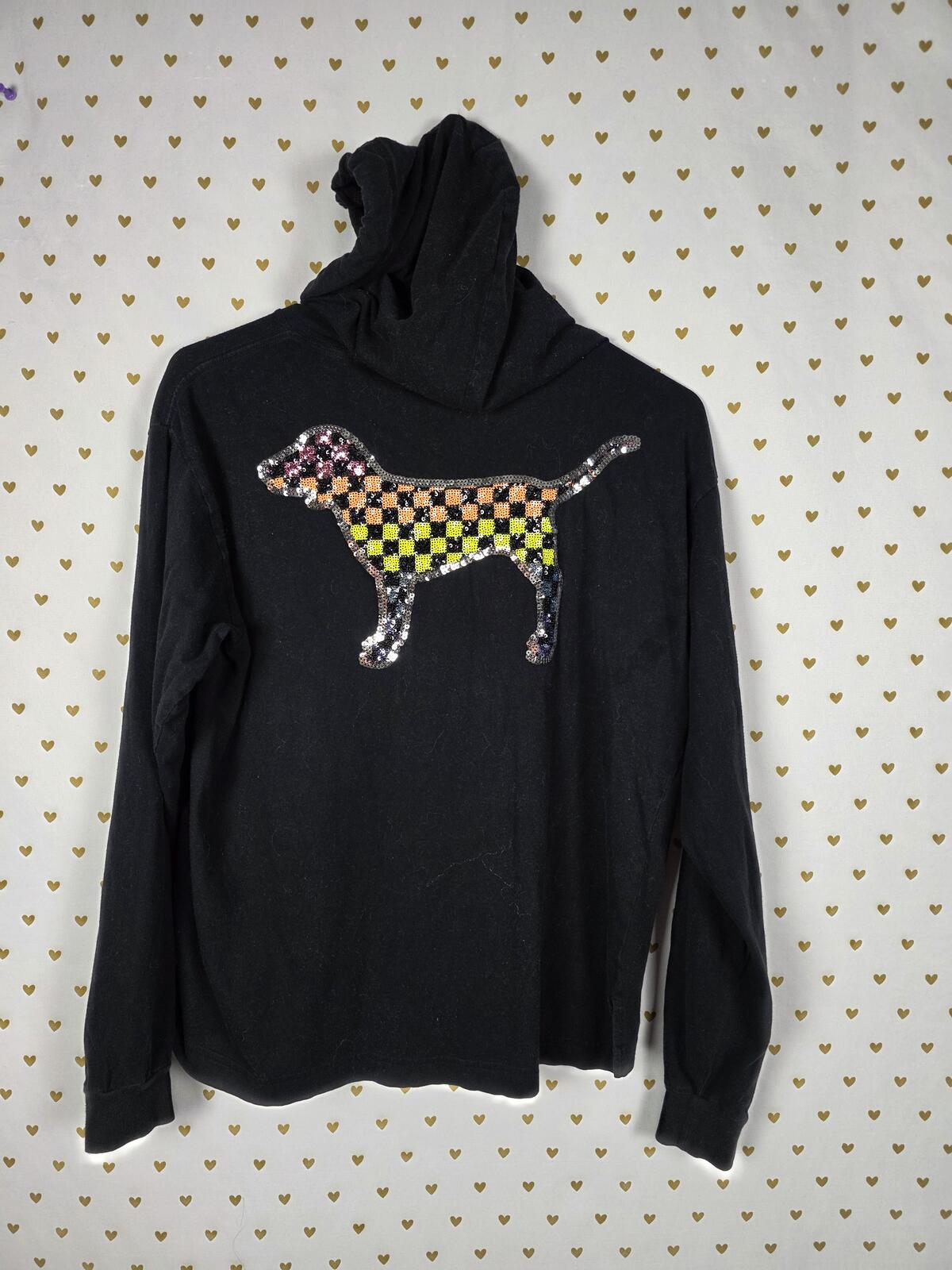 Victorias Secret PINK Checkerboard BLING Sequined Hoodie Tee Shirt SMALL
