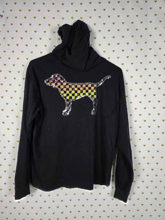 Victorias Secret PINK Checkerboard BLING Sequined Hoodie Tee Shirt SMALL