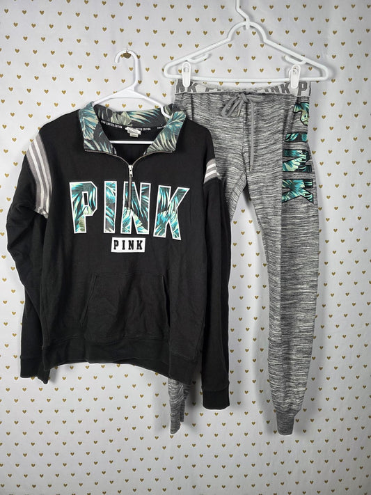 Victorias Secret Pink Hawaiian Limited Quarter Zip SET Sweatpants 2pc Palm SM M