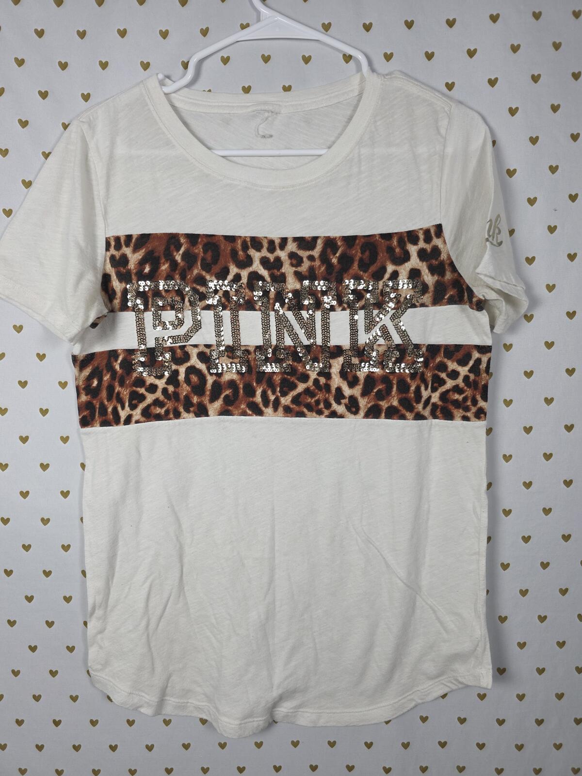 Victorias Secret PINK Cheetah Leopard BLING Gold Tee shirt MEDIUM
