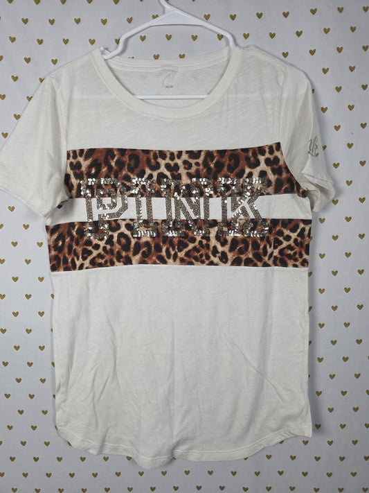 Victorias Secret PINK Cheetah Leopard BLING Gold Tee shirt MEDIUM