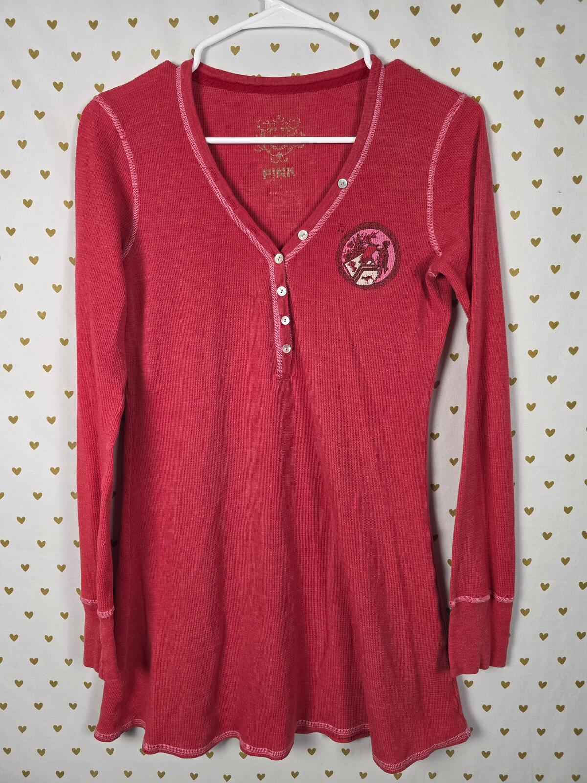 Vintage PINK Victoria's Secret Thermal Tunic Henley Mini Dress Crest SMALL