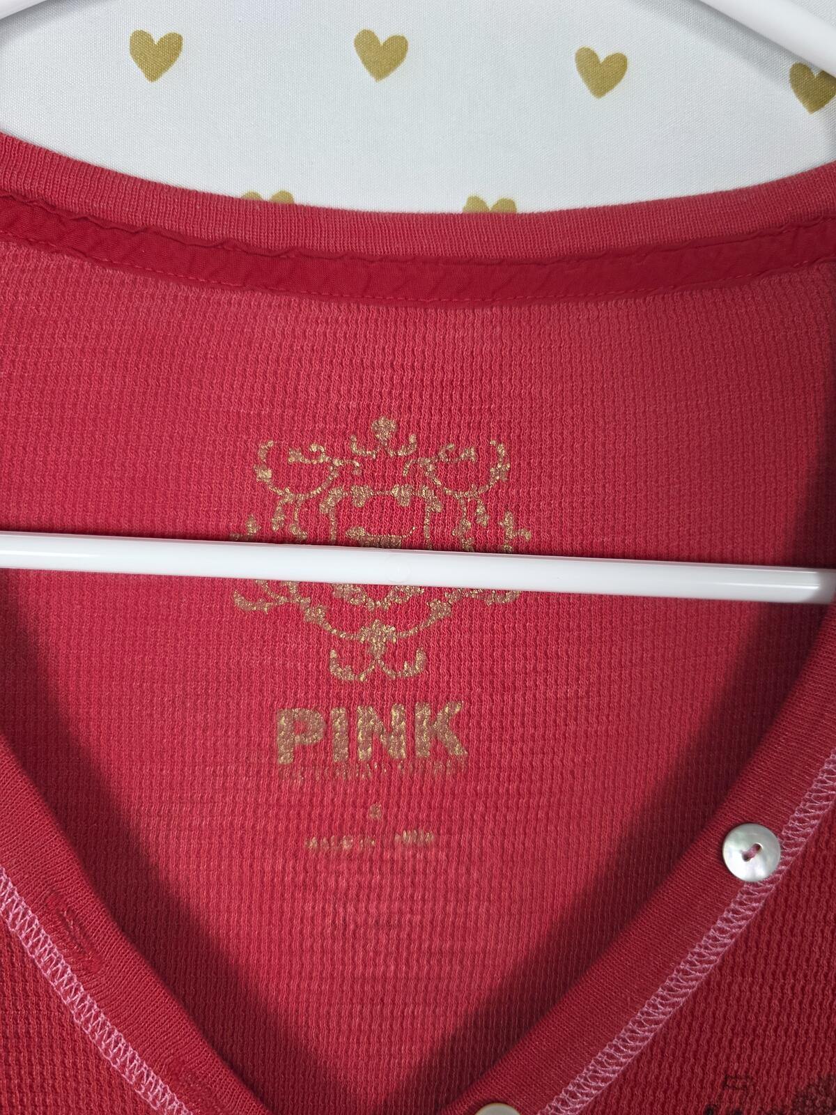 Vintage PINK Victoria's Secret Thermal Tunic Henley Mini Dress Crest SMALL