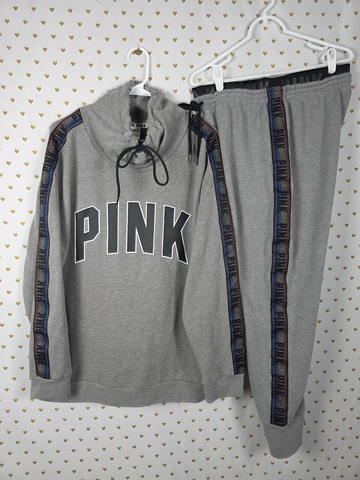 PINK Victoria's Secret Rainbow Logo Slouchy Jogger Set Gray Large