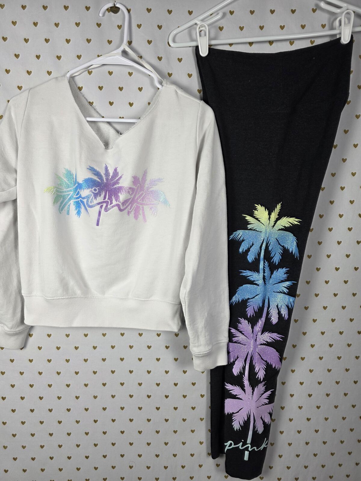 Victorias Secret Pink BLING GLitter Palm Slouchy Sweater Yoga Pant SET outfit SM