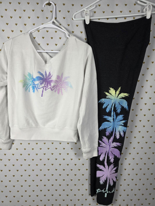 Victorias Secret Pink BLING GLitter Palm Slouchy Sweater Yoga Pant SET outfit SM