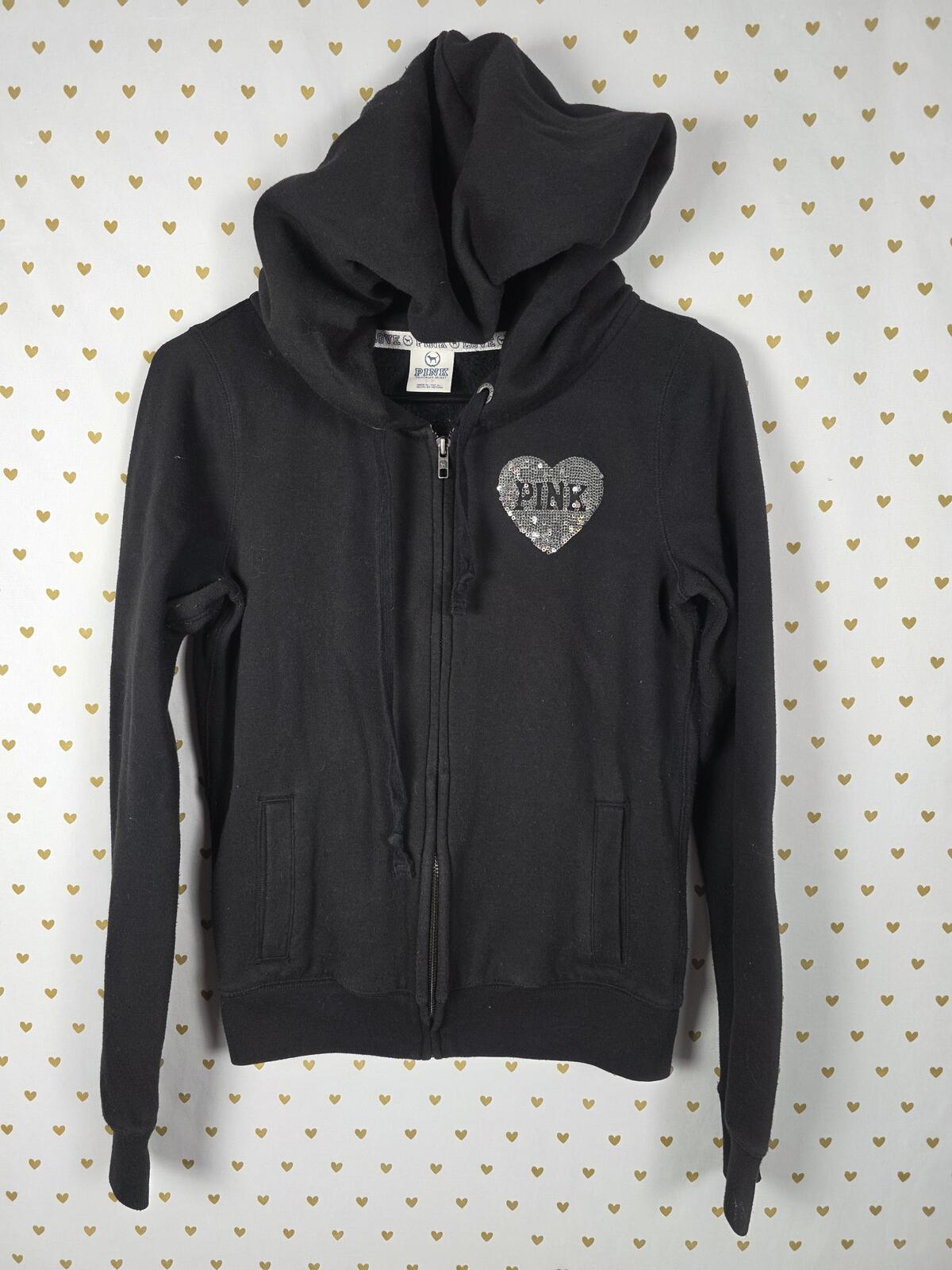 Victorias Secret Pink BLING sequined Love Full Zip hoodie jacket Black SMALL