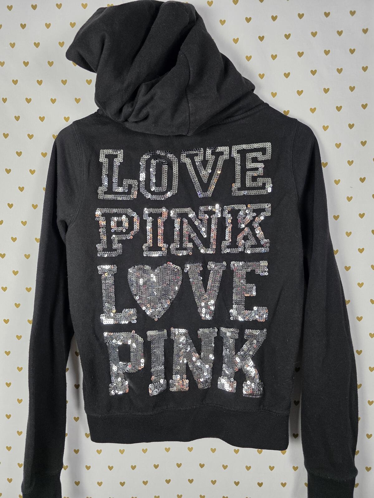 Victorias Secret Pink BLING sequined Love Full Zip hoodie jacket Black SMALL