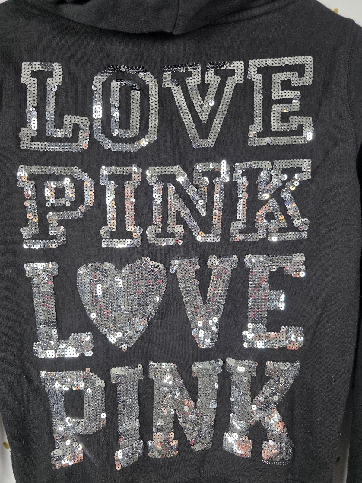 Victorias Secret Pink BLING sequined Love Full Zip hoodie jacket Black SMALL