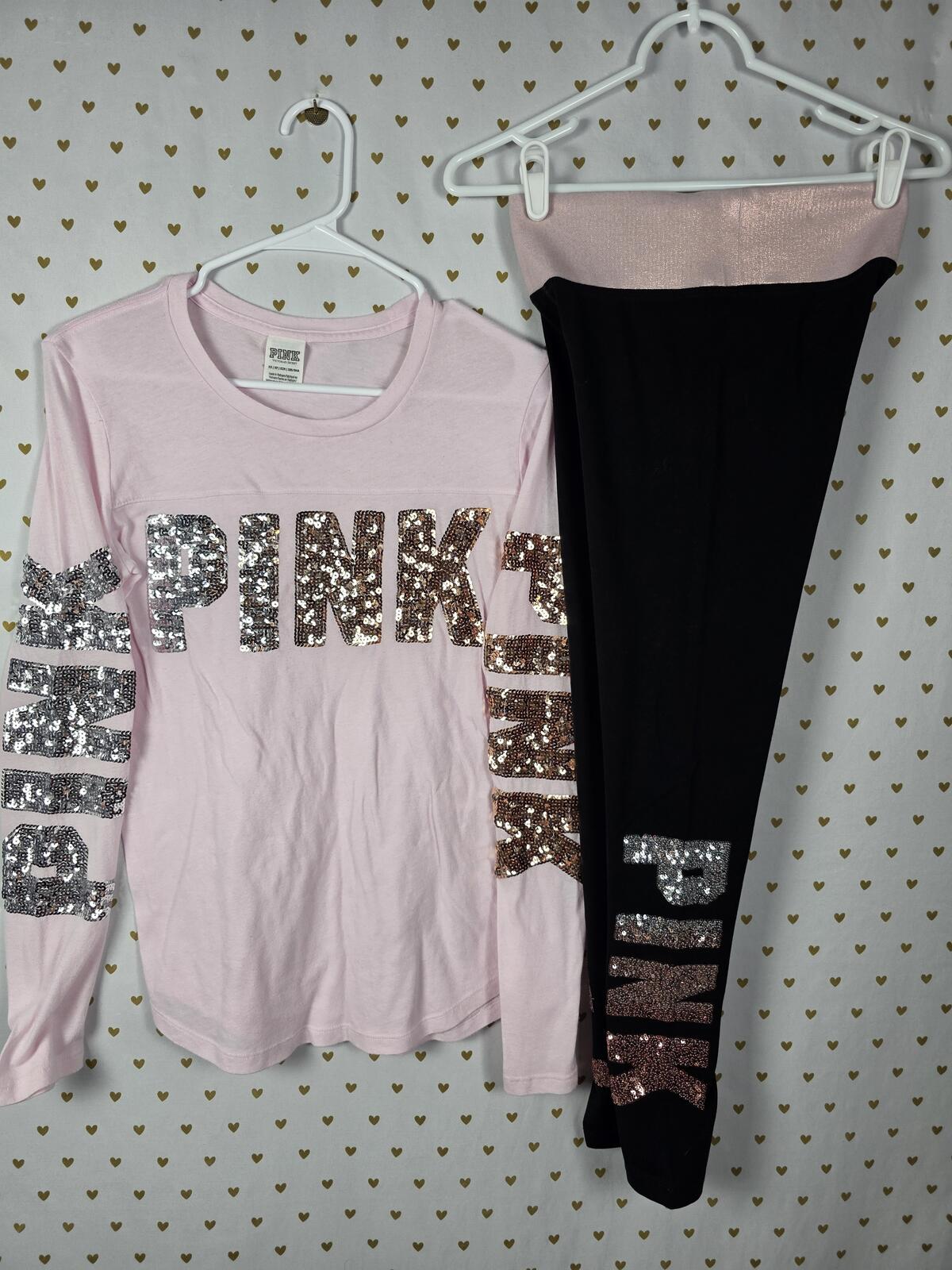 Victorias Secret PINK Gradient BLING Sequined Tee shirt Yoga Pants SET XS
