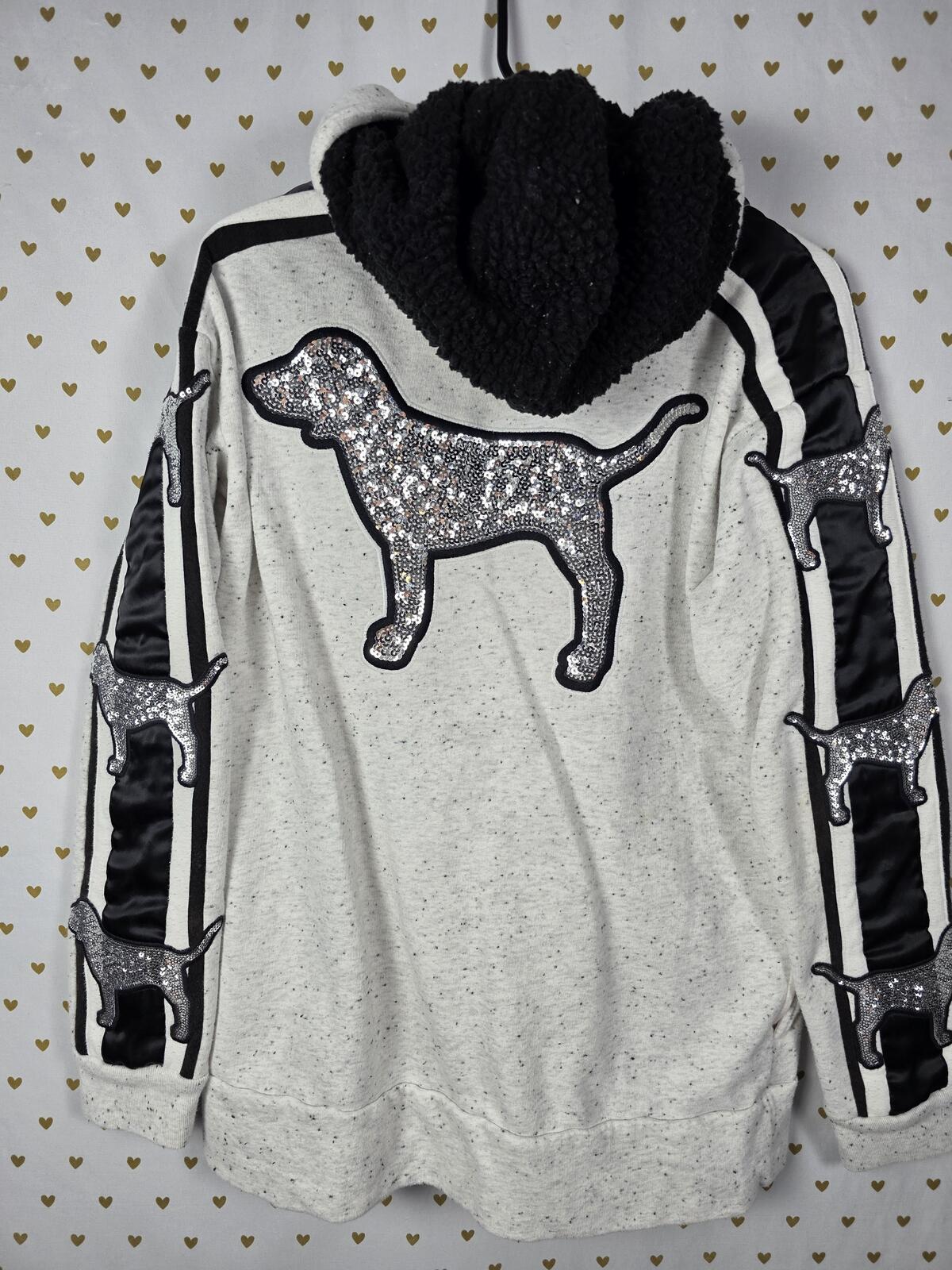 Victorias Secret Pink BLING DOG LOGO Sherpa Hoodie Pullover Sweater SMALL