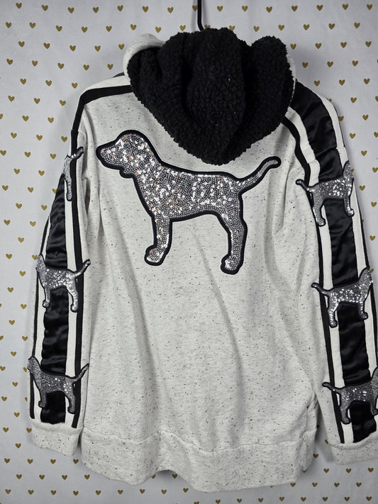 Victorias Secret Pink BLING DOG LOGO Sherpa Hoodie Pullover Sweater SMALL
