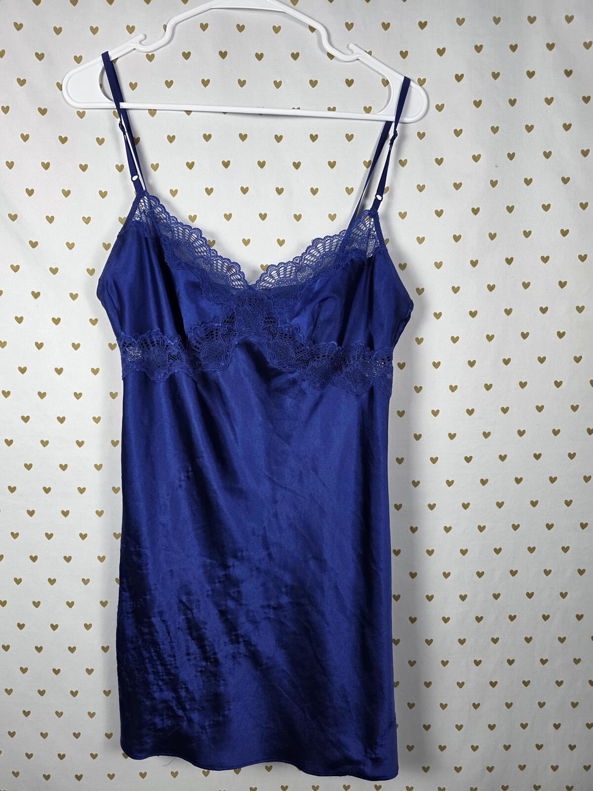 Victorias Secret Blue Satin Silky Slip Dress Nightie Lingerie LARGE