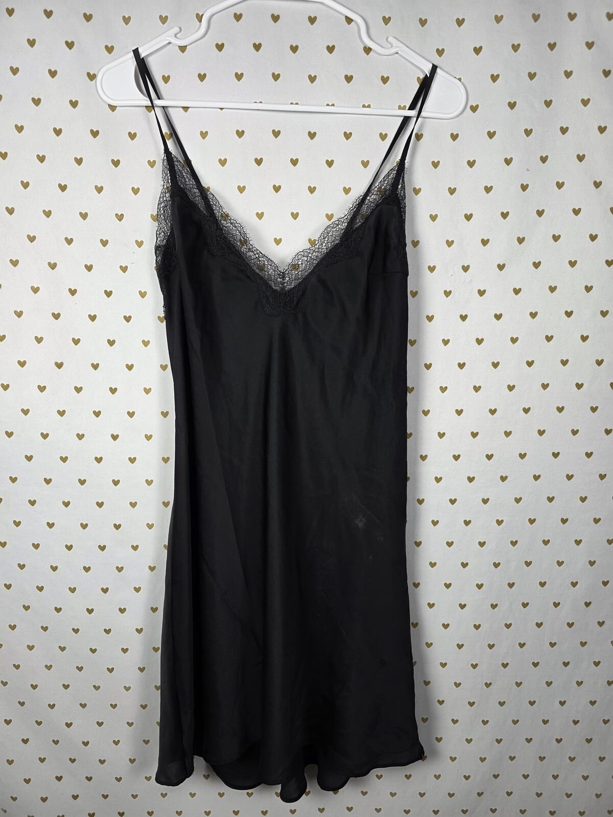 Victorias Secret Black Satin Slip Dress Nightie Lingerie Cross back Strap LARGE