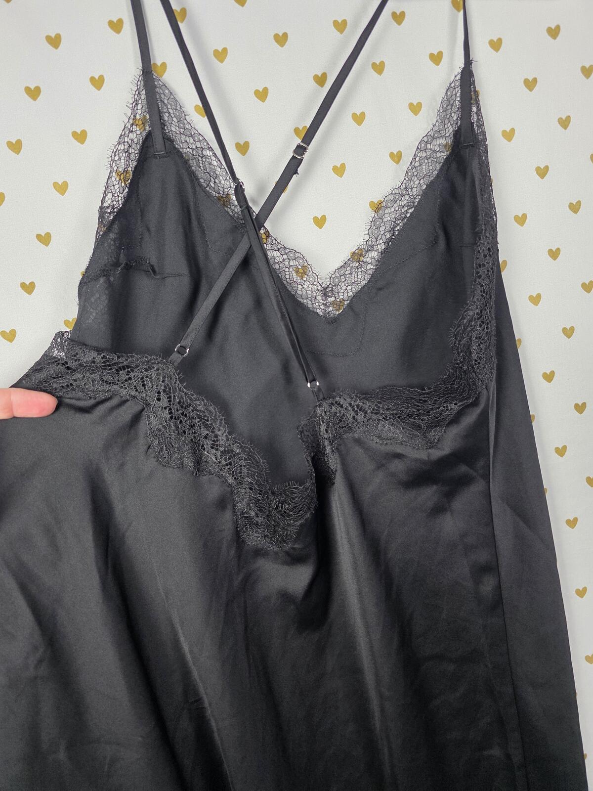 Victorias Secret Black Satin Slip Dress Nightie Lingerie Cross back Strap LARGE