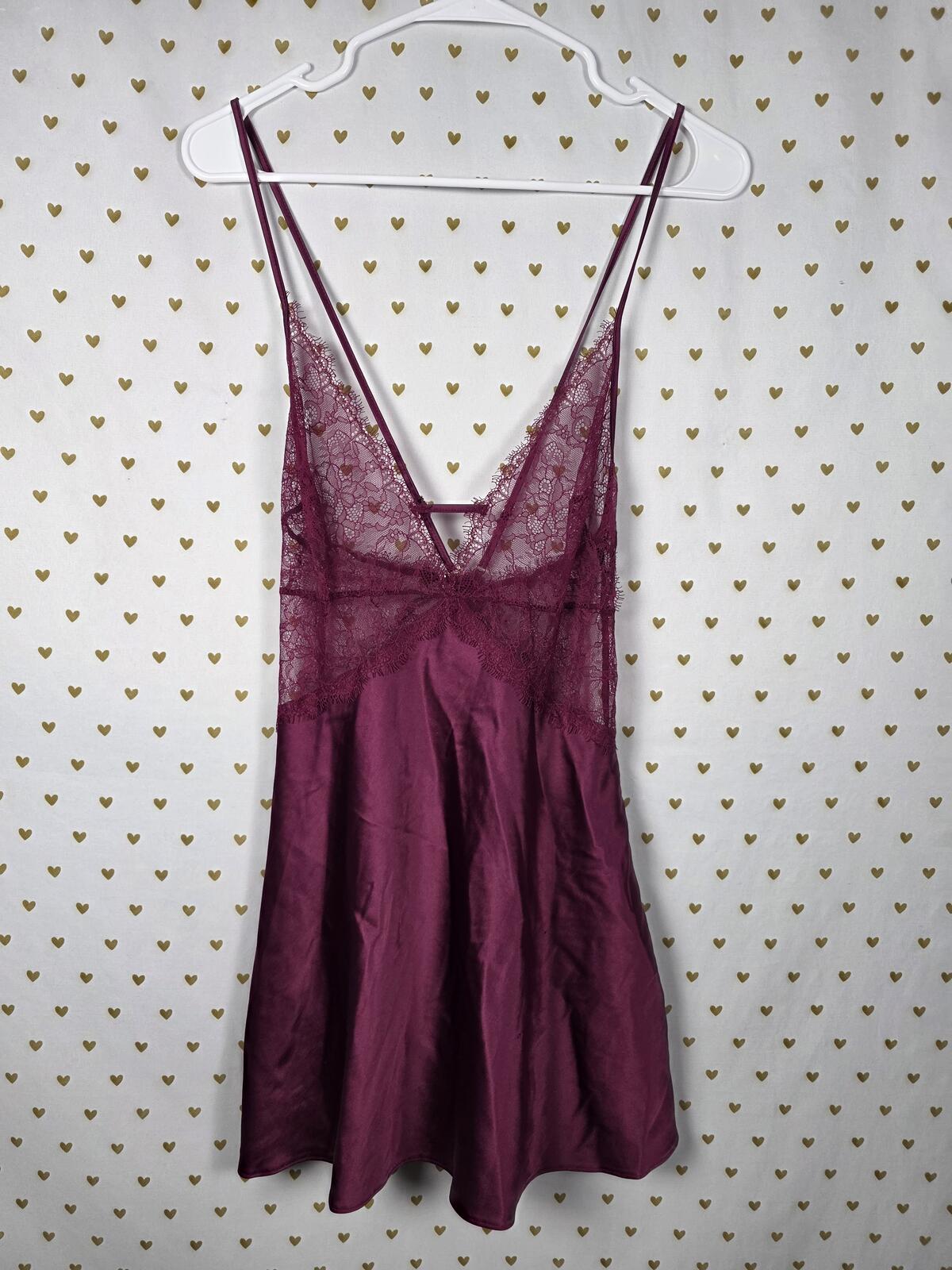 Victorias Secret maroon Satin Slip Dress Lace Accent Nightie Lingerie Strappy M