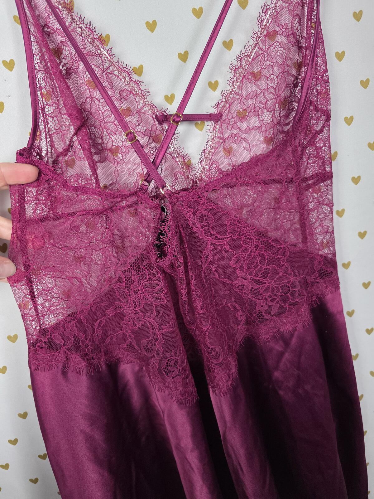 Victorias Secret maroon Satin Slip Dress Lace Accent Nightie Lingerie Strappy M