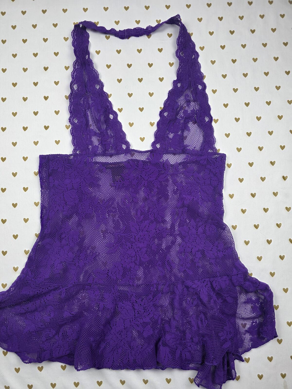 Victorias Secret Sexy Purple Stretchy Lace Halter Nightie Lingerie Dress  MED