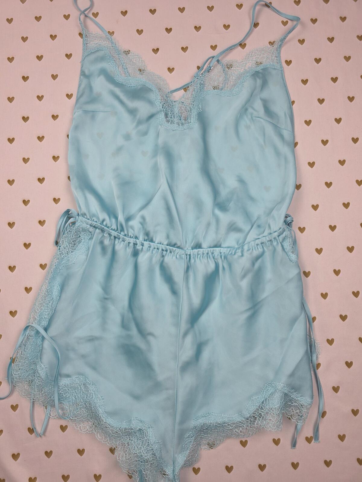 Victorias Secret Light Blue Satin ROMPER Nightie Silky Shorts Tank Outfit SMALL