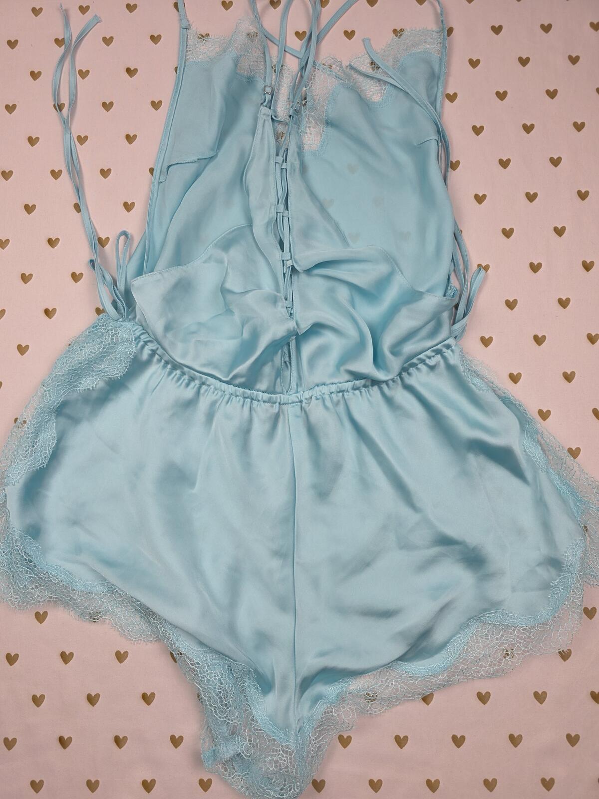 Victorias Secret Light Blue Satin ROMPER Nightie Silky Shorts Tank Outfit SMALL