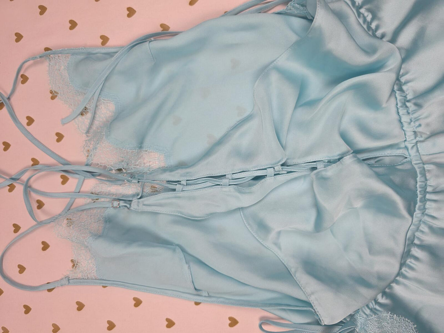 Victorias Secret Light Blue Satin ROMPER Nightie Silky Shorts Tank Outfit SMALL