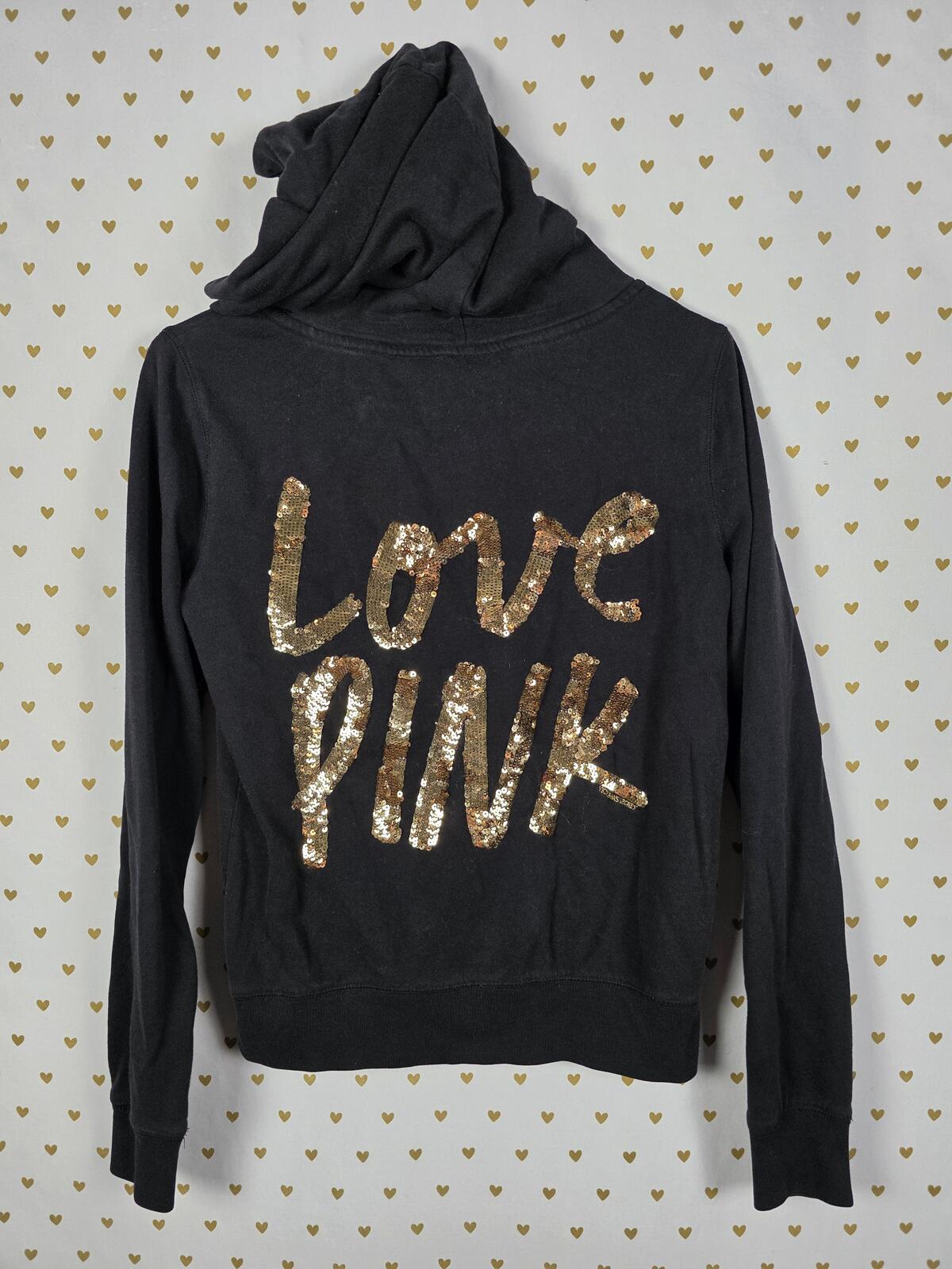 Victorias Secret Pink Gold Bling Sequined LOVE Hoodie Jacket XS