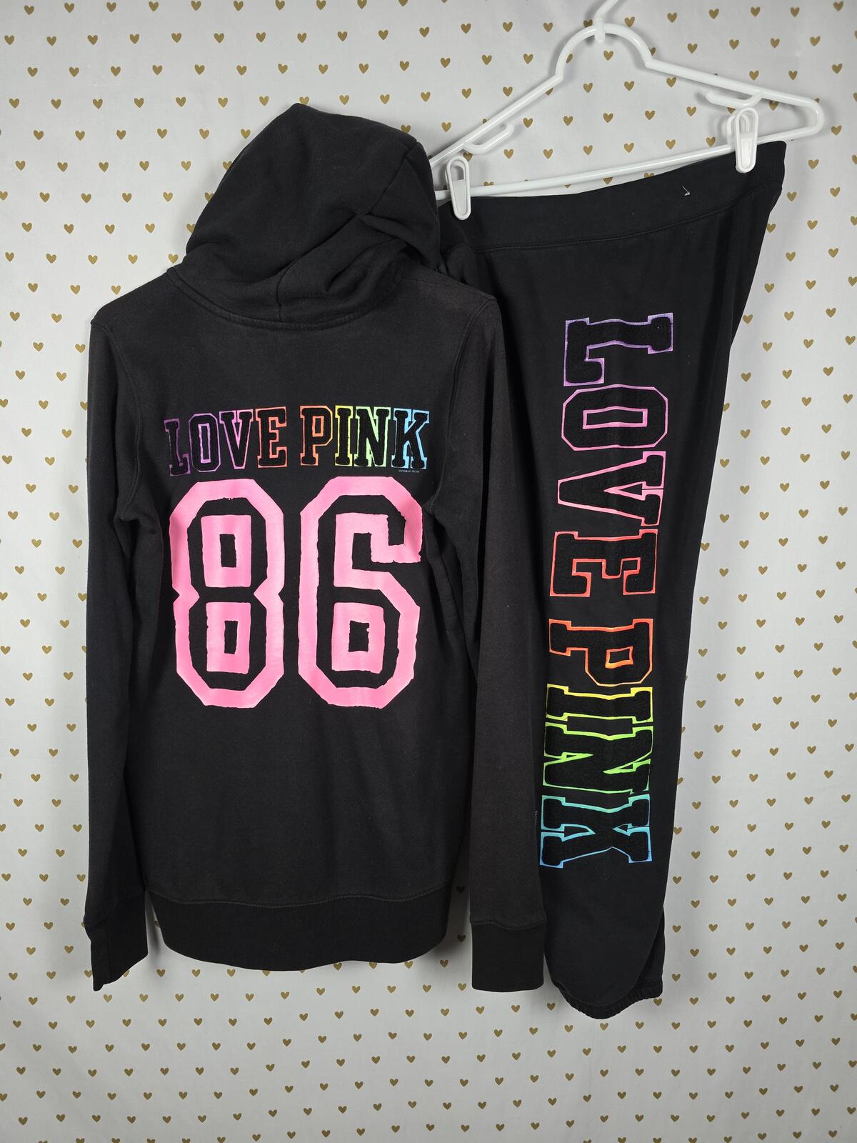 Victorias Secret Pink VINTAGE HTF Rainbow Embroidered SET Hoodie Sweats SMALL