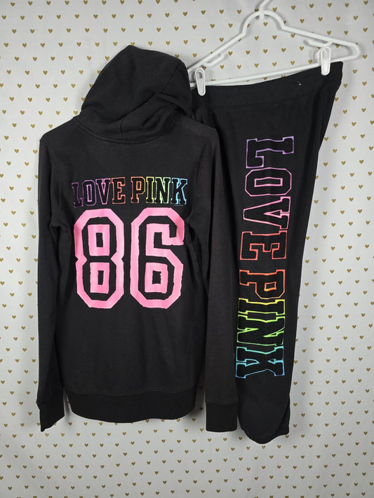 Victorias Secret Pink VINTAGE HTF Rainbow Embroidered SET Hoodie Sweats SMALL
