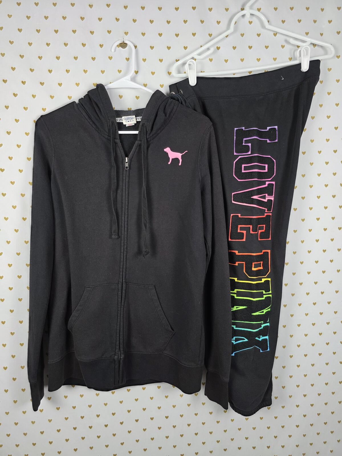 Victorias Secret Pink VINTAGE HTF Rainbow Embroidered SET Hoodie Sweats SMALL
