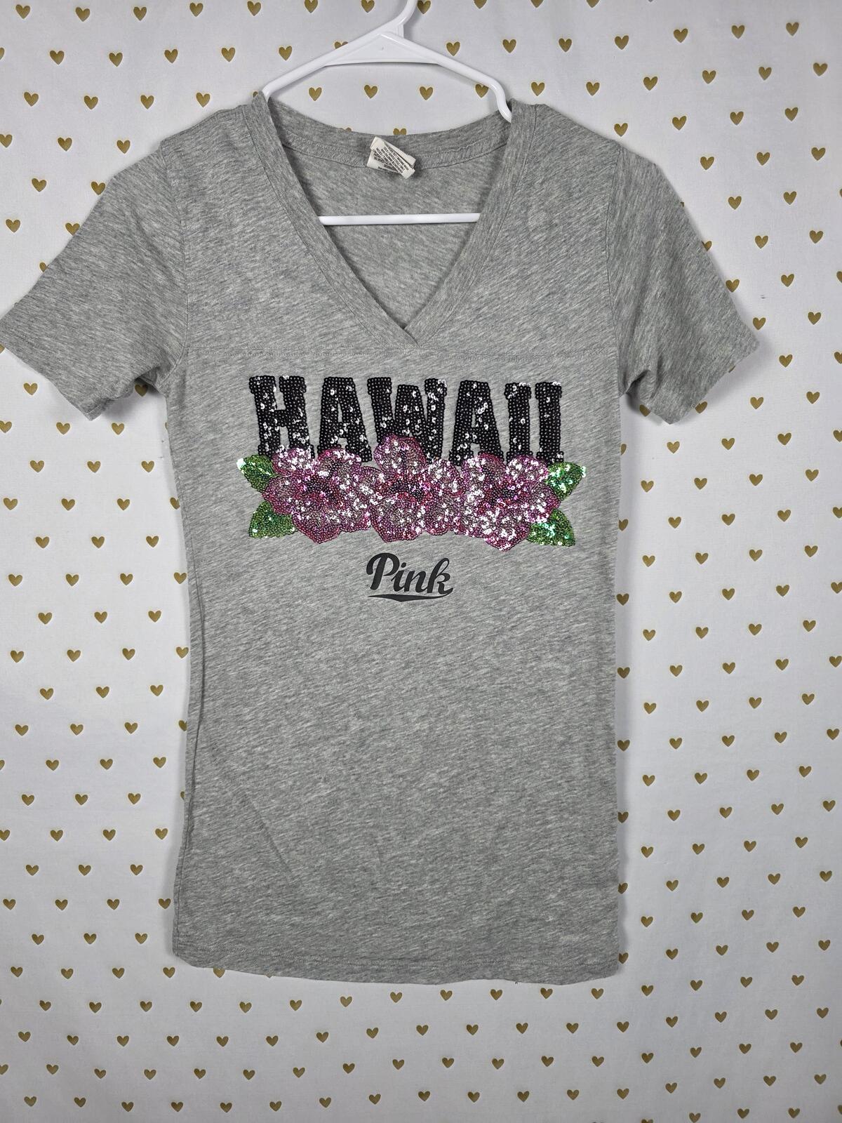 Victoria's Secret PINK Hawaii Bling Tee Small Gray Sequin Floral V Neck Shirt xs